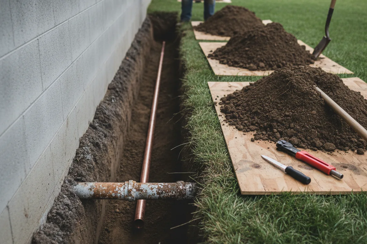 Excavated water line trench during Water Heater Repair in Guyton